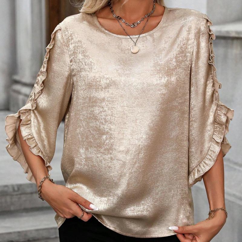Fashion Summer Ruffled Short Sleeve Casual Shirts for Women Elegant Solid Round Neck Vintage Loose Blouse Women Tops Simple Office Ladies Shirt 26539