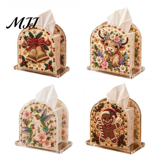 Acrylic Tissue Holder DIY Christmas Faux Pearl Art Painting Box Holder, 3D Rhinestone Beads Creative Resin Gem for Winter Xmas Holiday Tabletop Decor