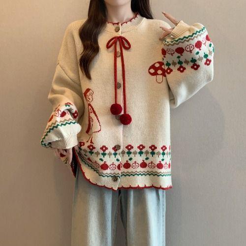 

Женский кардиган с грибами, мультяшная вышивка цветов, женские вязаные свитера, милый на пуговицах, с длинным рукавом, осенняя женская верхняя одежда XL абрикосовый