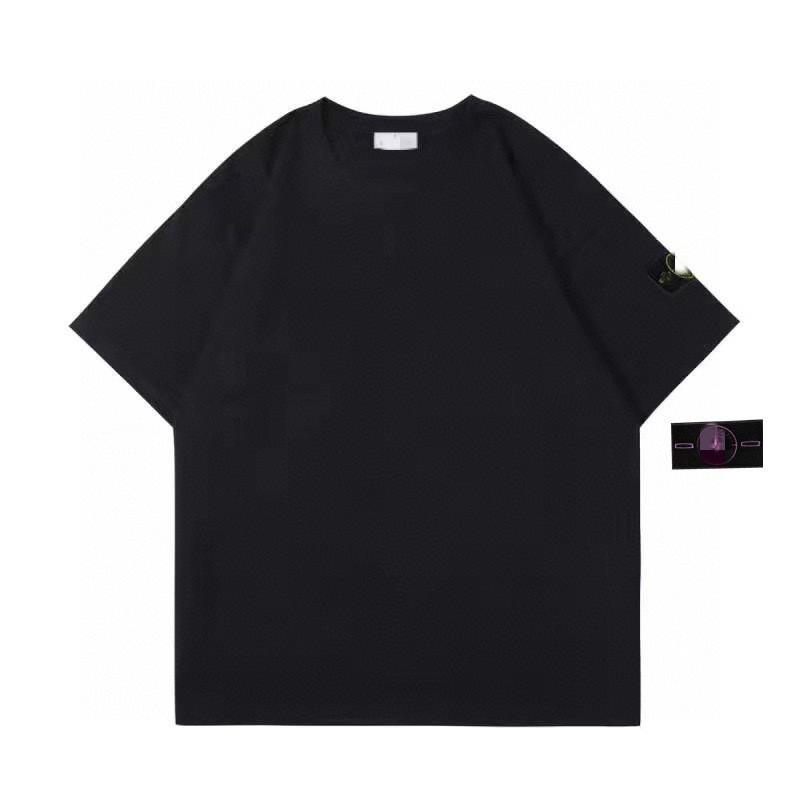 Stoneh Classic Patch Solid Color T-Shirt Men Women High Street Basic Short Sleeve Crewneck Casual Top