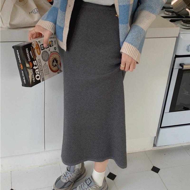 Knitted Half Skirt, Medium Length, High Waisted, Slimming Open A-line, Buttocks Wrapped Skirt