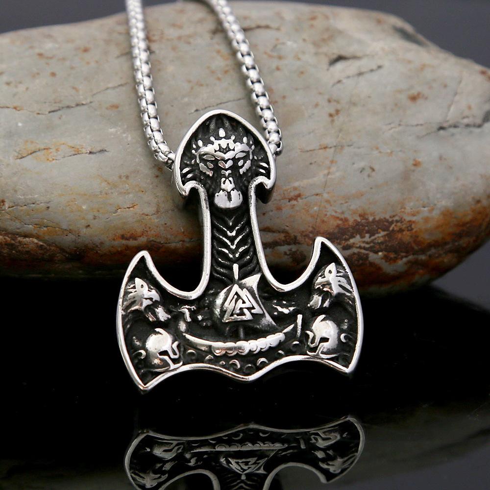 Nordic New Stainless Steel Thor Hammer Viking Ship Triangle Rune Retro Necklace for Men