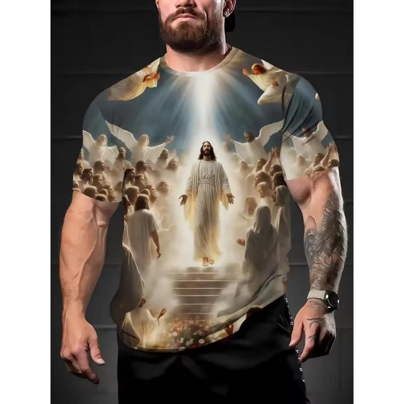 Męski T-shirt z nadrukiem na całej powierzchni z grafiką Jezusa i lwa, topy, casualowy T-shirt z krótkim rękawem i okrągłym dekoltem, letni, oversize, męskie koszulki