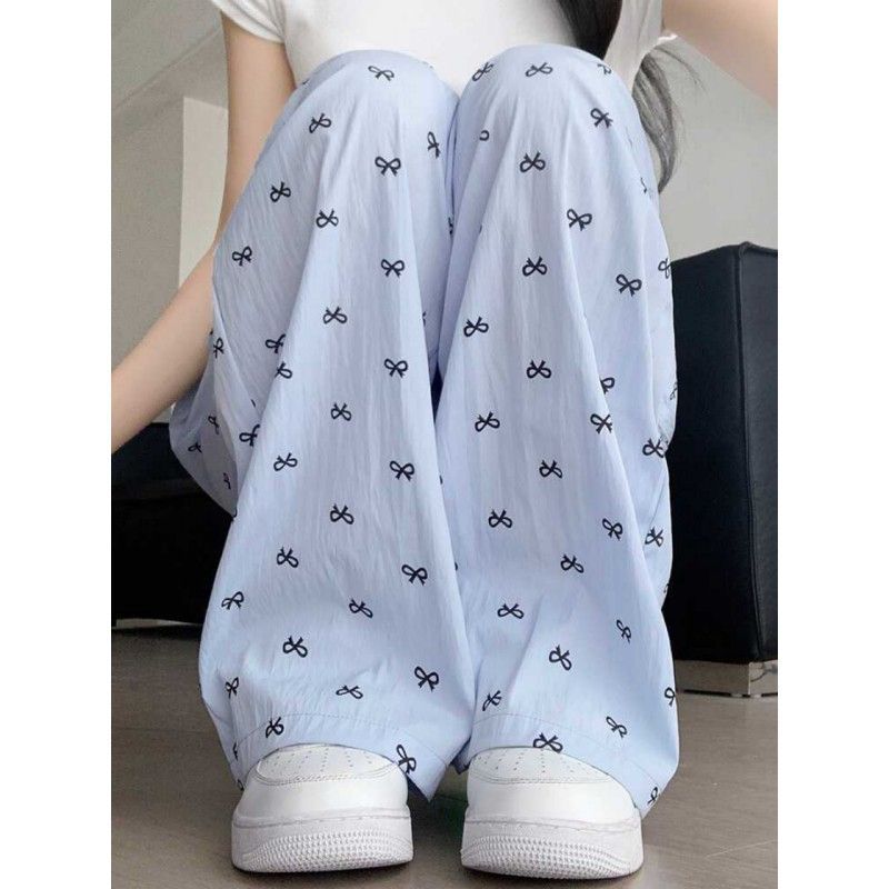 

Нишевые брюки-бантики в стиле кэжуал для женщин на лето, новые с высокой посадкой, драпированные, широкие брюки, стройнящие, ленивые прямые брюки-трубы из ледяного шелка 2XL