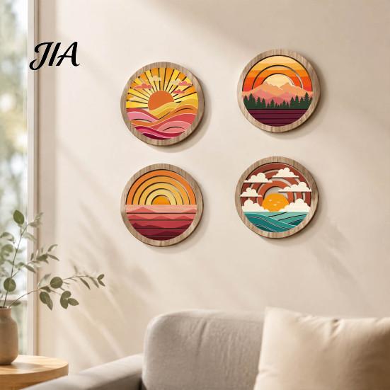 Easy Install Wall Art Set 4Pcs Boho Sunset Art, Abstract Landscape Round Hanging Ornaments, Lightweight Wood Photo Background Wooden Decor for Living