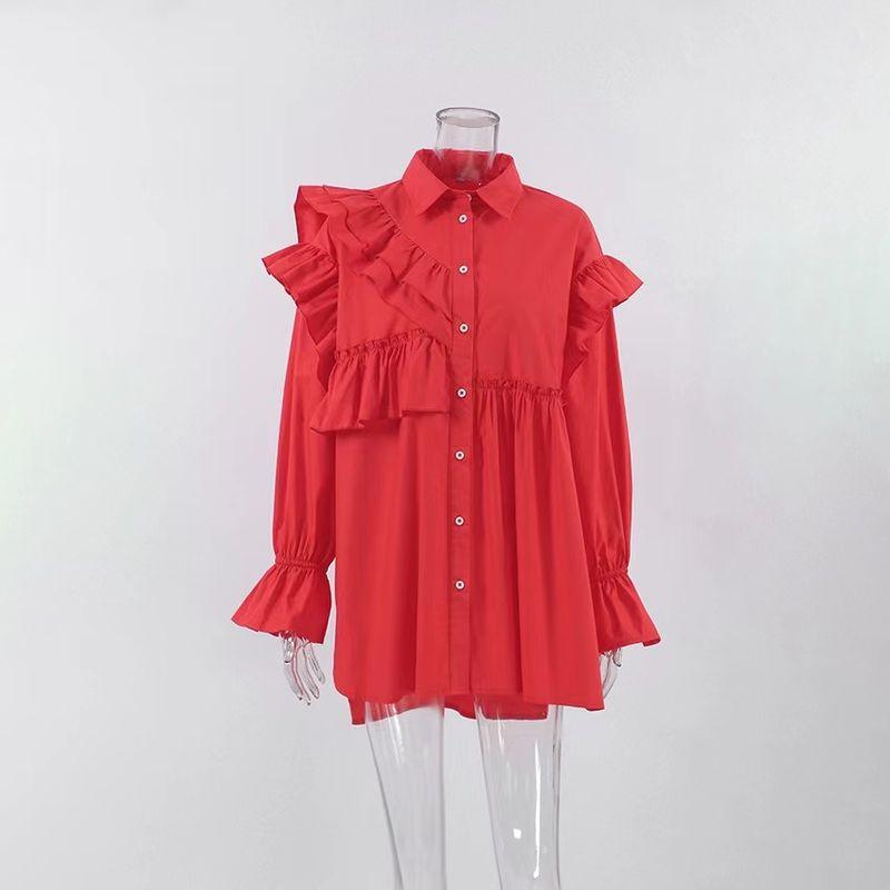 

French Sexy Lapel Long Sleeves Ruffles Fashion Shirt Fashionable Ruffle Edge Shirt Red M