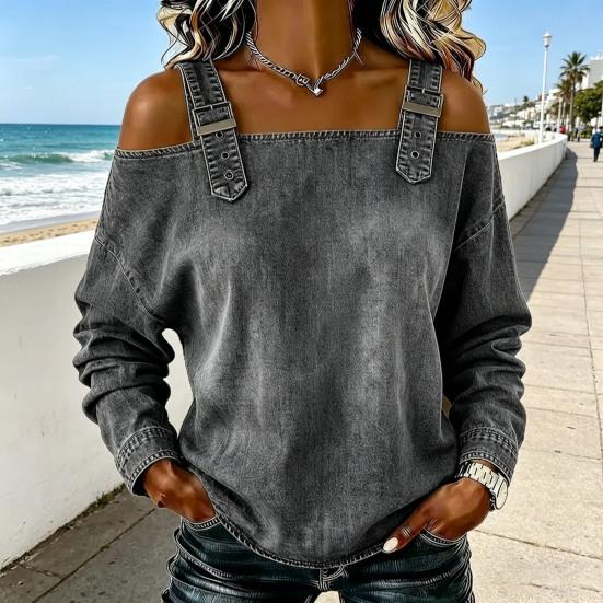 Women Shirt Adjustable Straps Off Shoulder Long Sleeve Pullover Tops Pure Color Denim Tops Travel Leisure Daily Wear