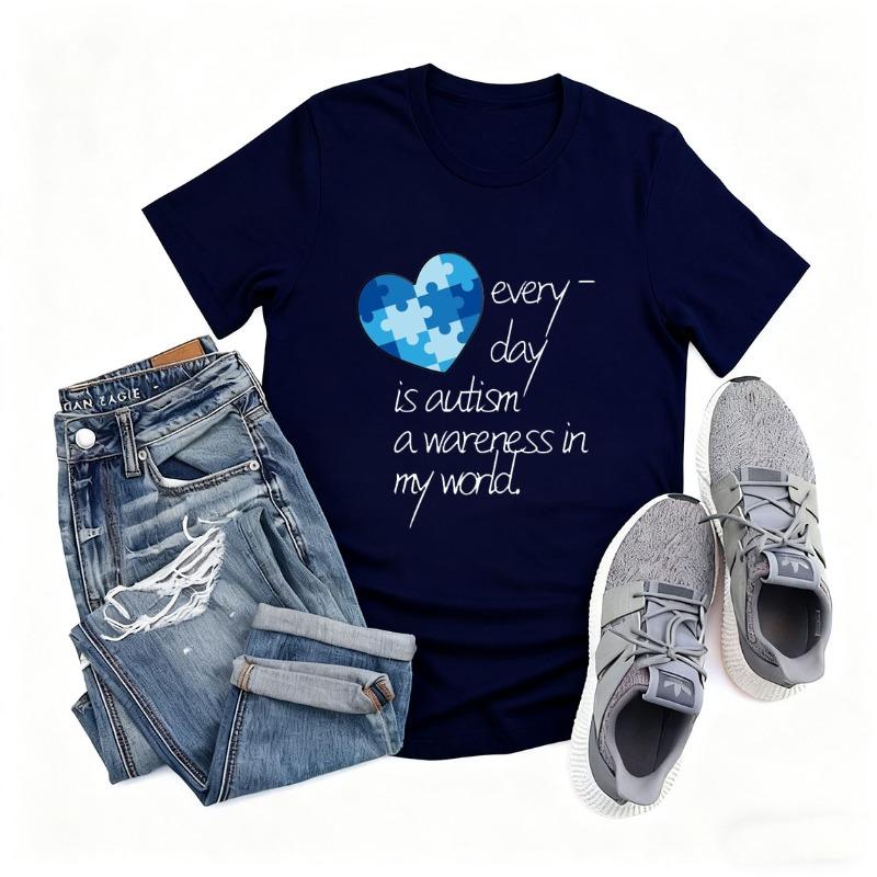 Autism Awareness Heart Puzzle Graphic Cotton TShirt Supportive Unisex Crew Neck Outdoors High Quality Cotton Shortsleev Tees