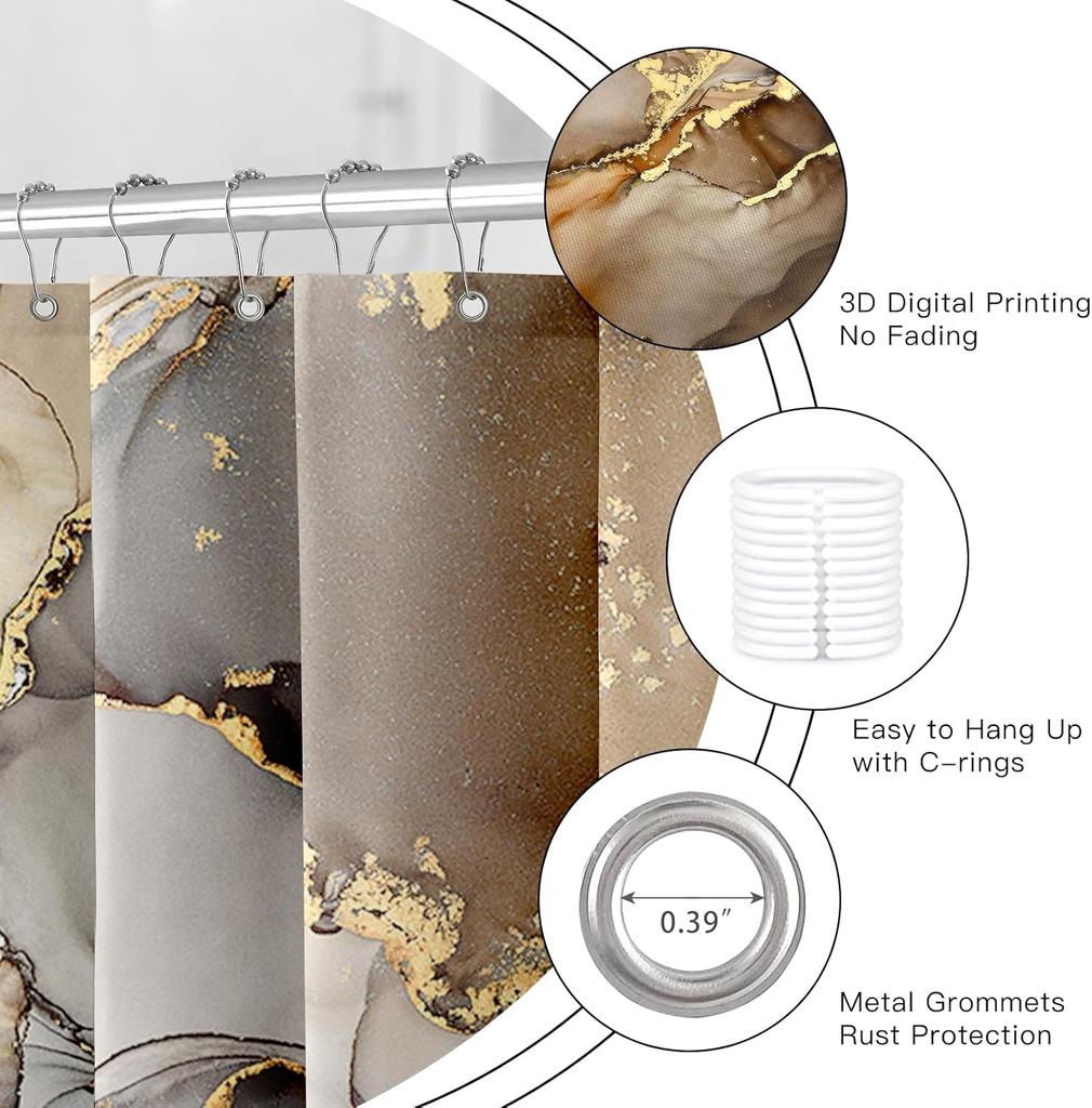 Brown Marble Shower Curtain, Modern Abstract Fabric Shower Curtain for Bathroom, Luxury Art Decor Brown Gold Ink Texture Waterco
