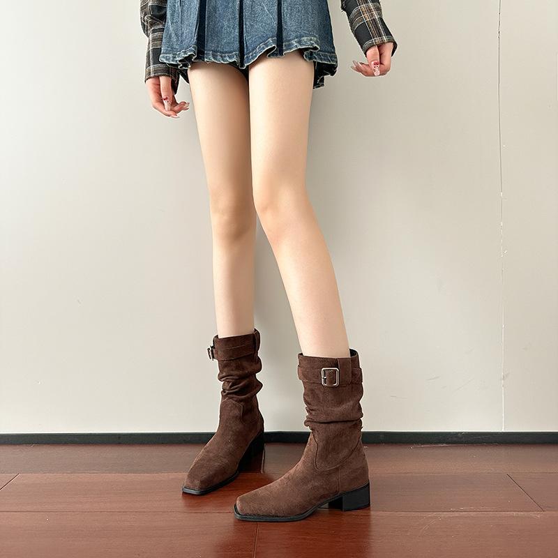 Autumn and winter new retro suede short boots women's western cowboy boots women's thick heel and short tube stacking boots