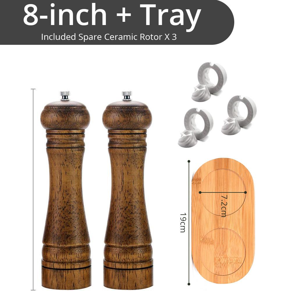 

Набор из деревянной мельницы для соли и перца с поддоном для измельчения морской соли и перца (5,8,10 дюймов) Мощная регулируемая кофемолка