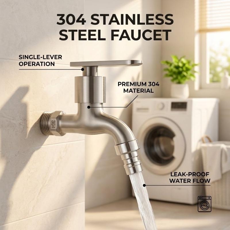 304 Stainless Steel Faucet, Washing Machine Connection Faucet, for Home Kitchen Bathroom Stainless Steel Faucet, Single-Hole Installation