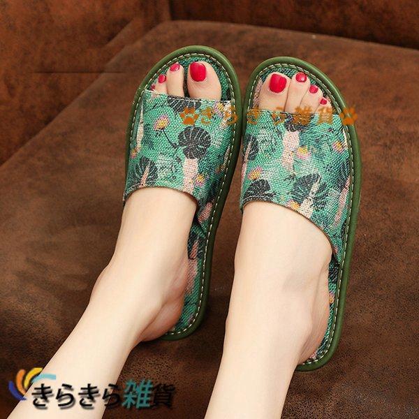 Floral Pattern Unisex Cotton Linen Washable Slippers Flat Couple Sandals Open Front Slippers Family Flat Pair Household Summer Use All Seasons For