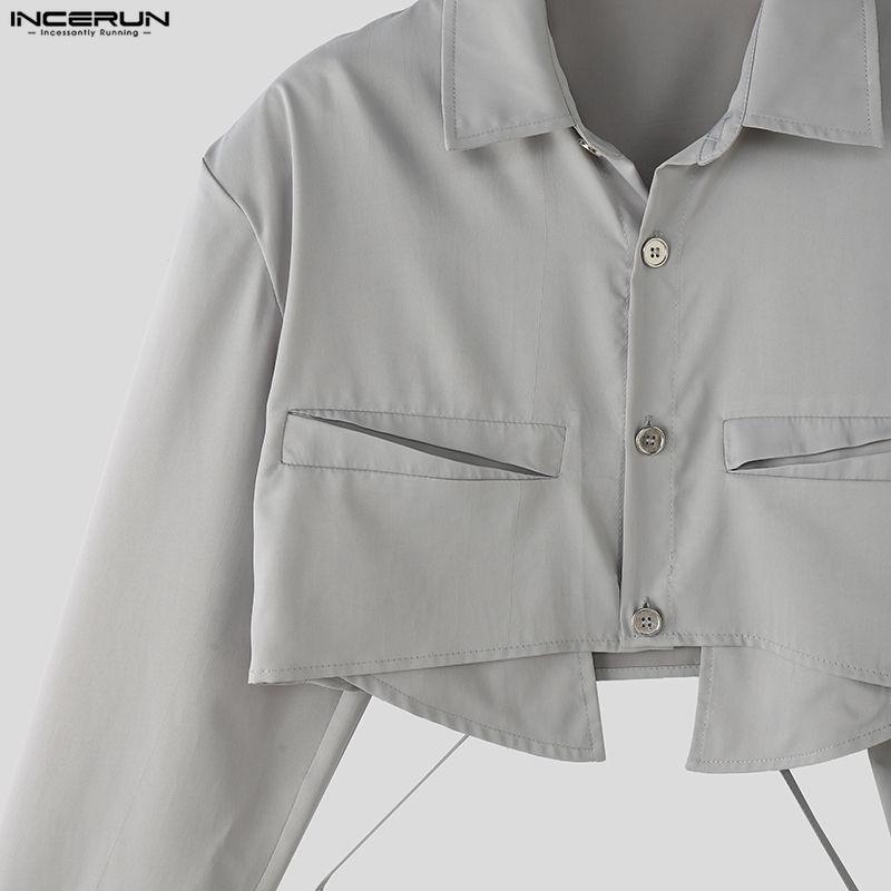 INCERUN Men Lapel Neck Long Sleeve Lace-up Cropped Short Shirts