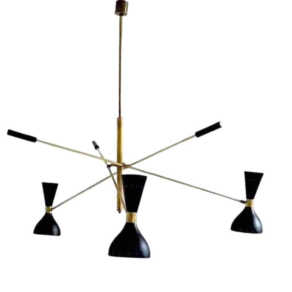 Elegant Black and Brass Adjustable Three-Arm Triennale Style Chandelier