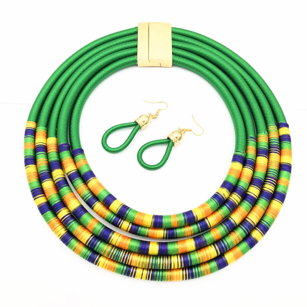 

Африканский комплект украшений для женщин, ожерелье, серьги, многослойное плетеное колье, свадебные аксессуары зелёный