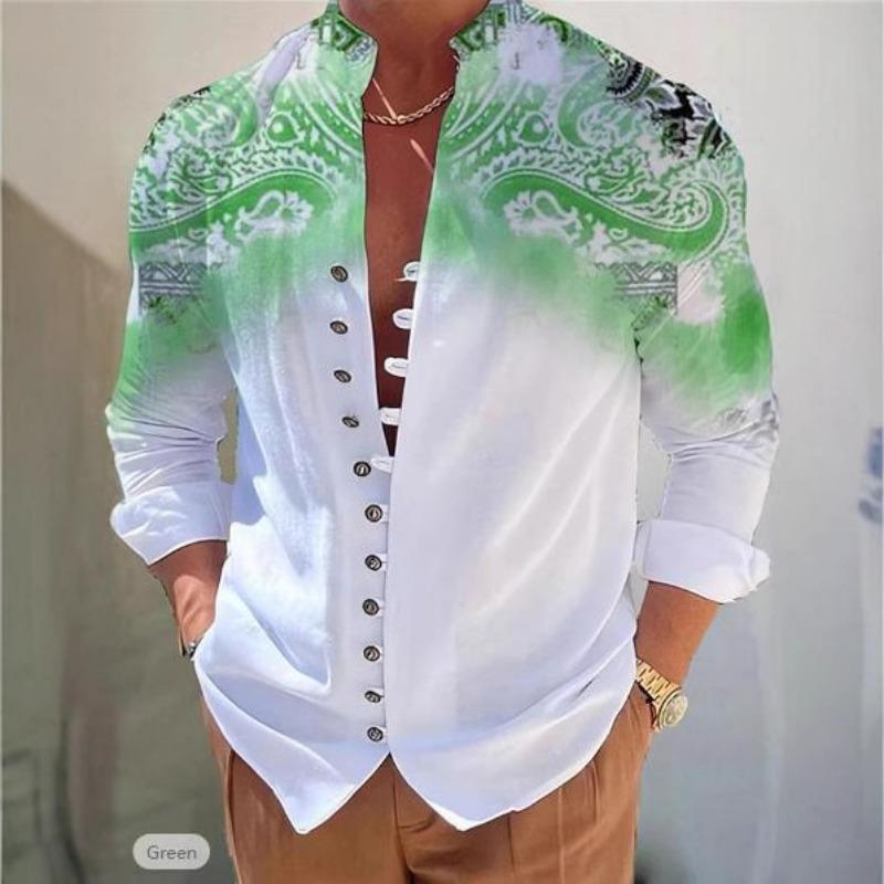 Camicia da uomo a maniche lunghe per primavera estate Stampa Paisley Sfumata Collo alla coreana Bottoni