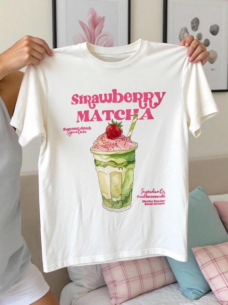 Women's Strawberry Matcha Print Summer Casual White T-shirt