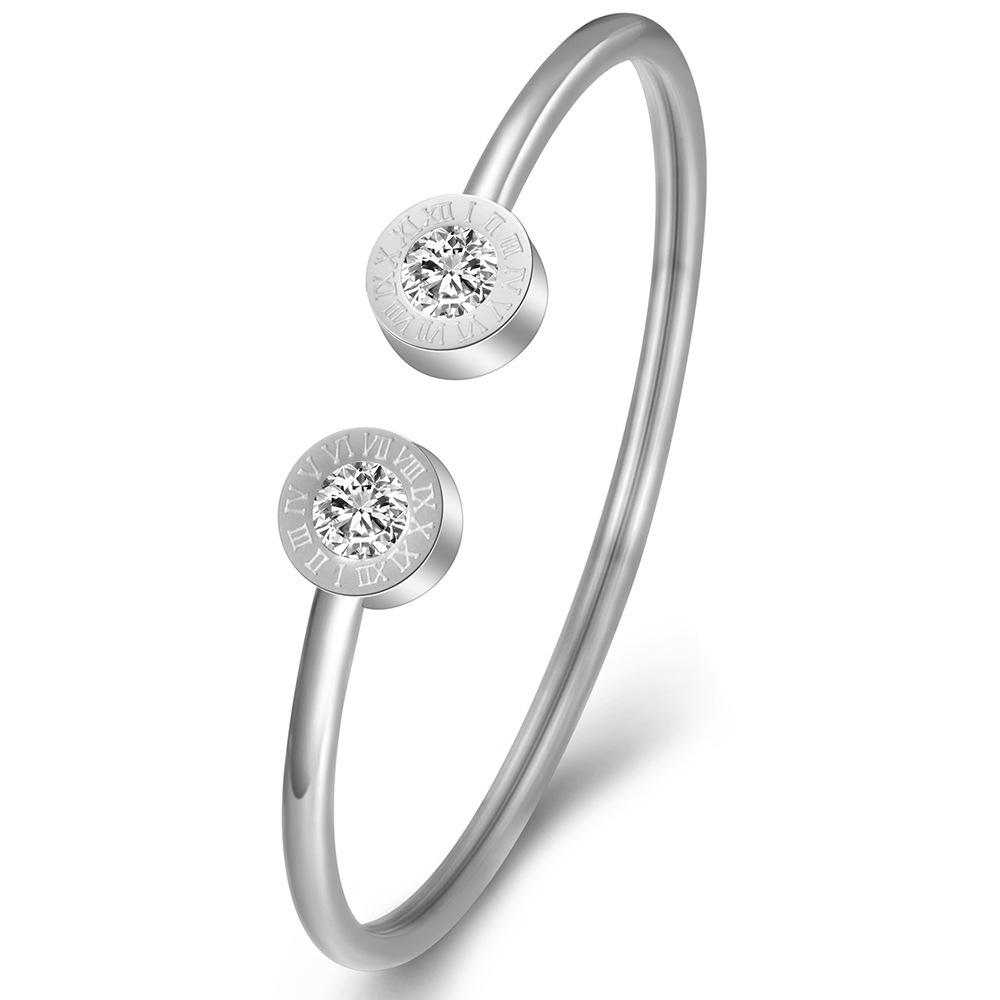 European  American Bestseller: 3MM Stainless Steel Roman Numeral Open C-shaped Bracelet for Women with Inlaid Rhinestones.