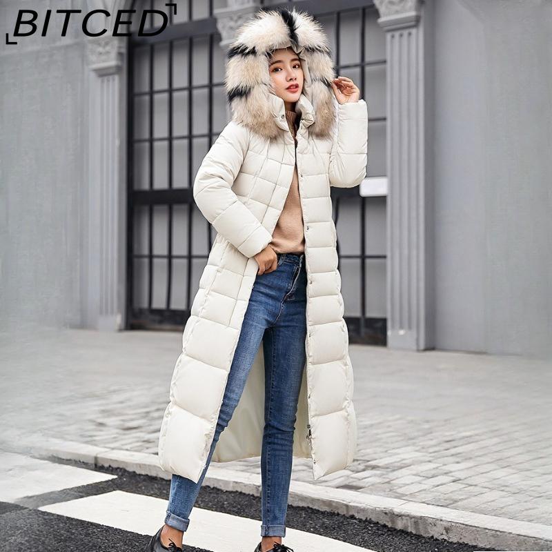 BITCED Winter Women's Cotton Coat - Extended Length with Large Fur Collar Thickened Long-Length Women's Down-Filled Cotton Jacket