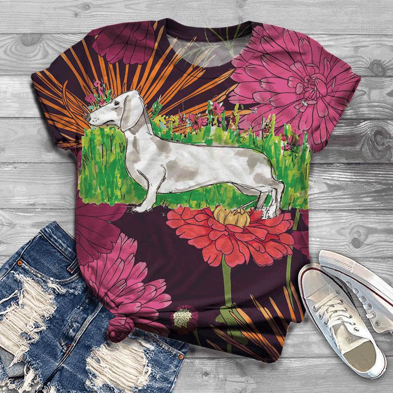 Summer New Printed Short Sleeve Top for Women, Round Neck 3D Dog Printed Women's T-shirt