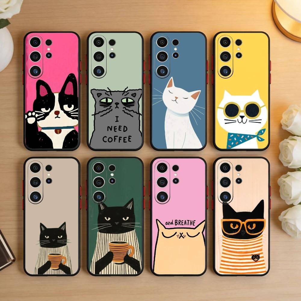 Striped Shirt Coffee Cat Phone Case For Samsung S26,S25,S24,S23,S22,S21,S20,Ultra,Plus,FE Black Soft Cover