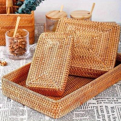 Hand-Woven Storage Basket Rattan Storage Tray Wicker Baskets Bread Fruit Food Breakfast Display Box Handicrafts Home Decoration