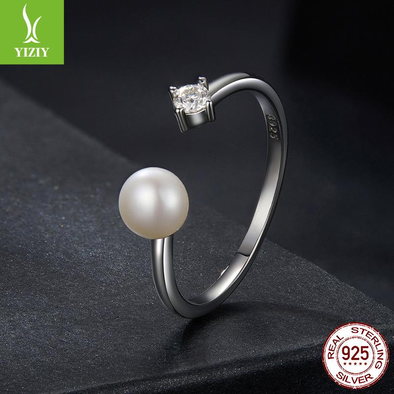 Natural Freshwater Pearl Mozzarella Diamond Ring, Simple Classic Temperament 925 Sterling Silver Open Ring Ring