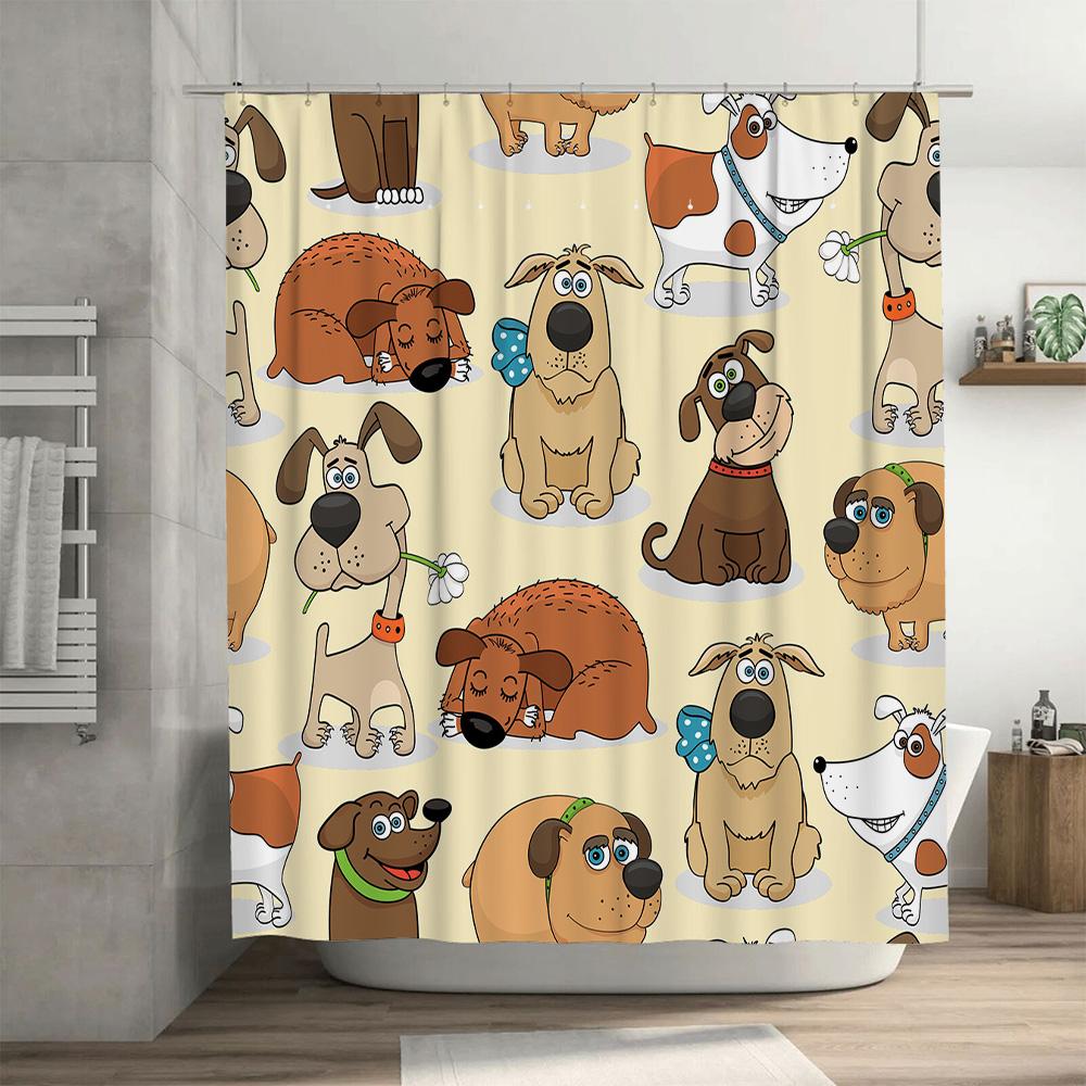 Colorful Cartoon Dog Print Shower Curtain for Bathroom Decor Home Decoration Waterproof Washable Yellow Background