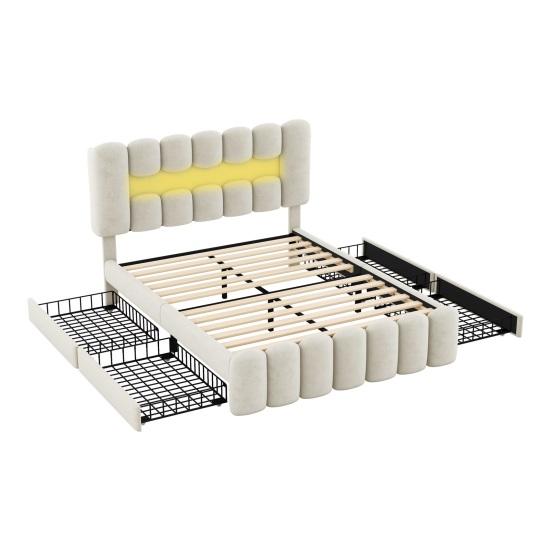 140 X 200cm Large Storage Capacity Upholstered Bed with LED Light Strip USB 4 Drawers Headboard Ergonomic Design Velvet Cover Teen Bed Home