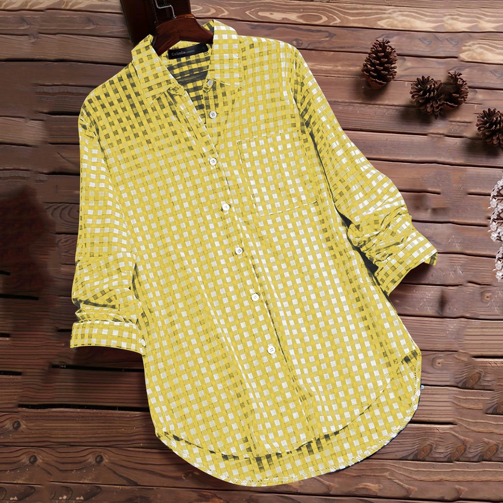 

Женская повседневная модная рубашка с длинным рукавом и лацканами в клетку в винтажном стиле XXL жёлтый