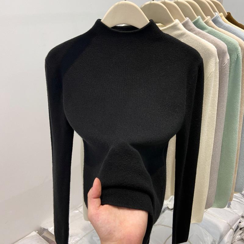 Thickened warm integrated fleece semi-turtleneck knitted sweater women's spring soft waxy inner bottoming shirt solid color top
