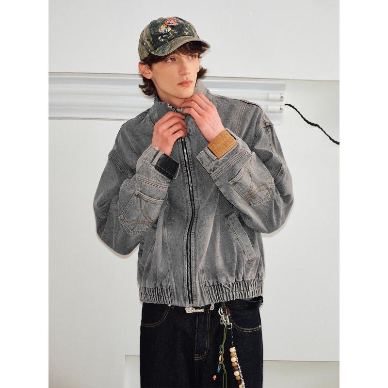 Men's Spring & Autumn Inverted Split Stand-Up Collar Deconstructed Denim Jacket