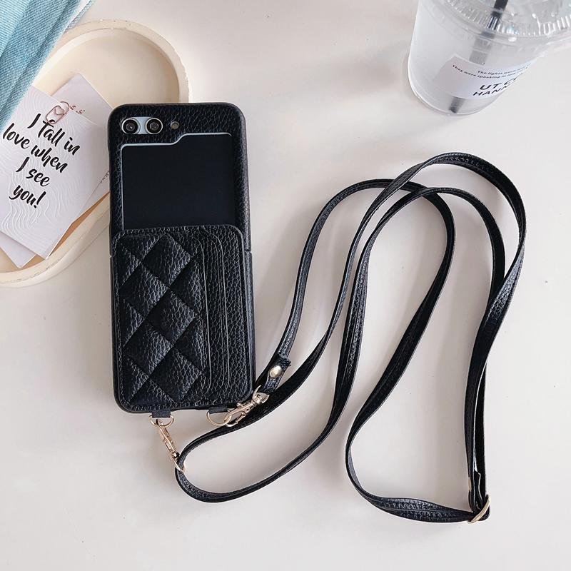 Crossbody Wallet Cards Solt Leather Case For Samsung Galaxy Z Flip 5 4 3 5G Flip5 Flip4 Long Lanyard Purse Pocket Bag Cover