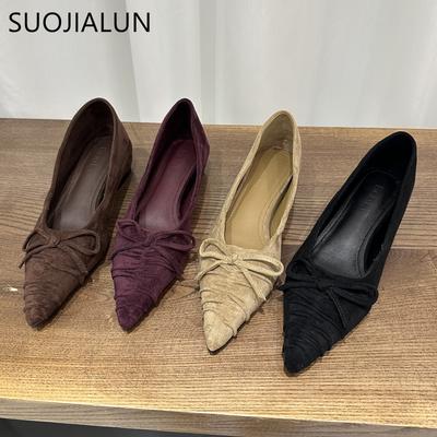 Fashion SUOJIALUN New Brand Women Flat Shoes Fashion Pointed Toe Pleated Shallow Slip On Single Shoes Increases Internal Dress Boat Shoe