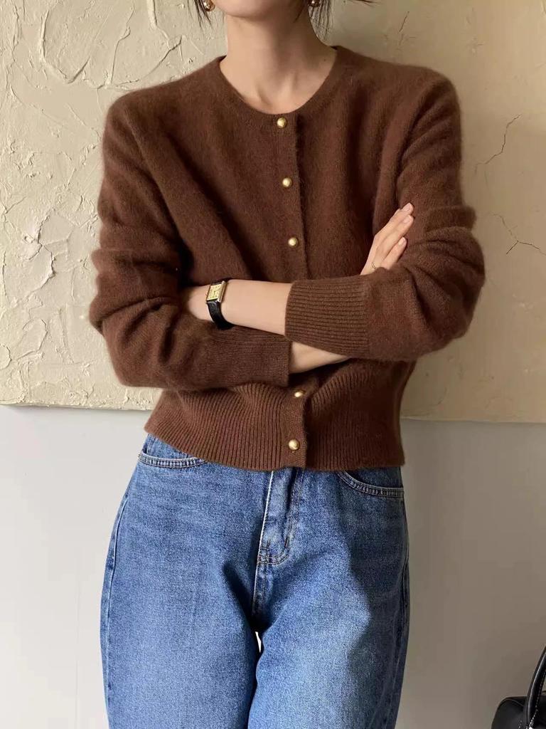Women's French-Inspired Loose Fit Pure Wool Knit Cardigan with Gold Buttons and Round Neck Sweater