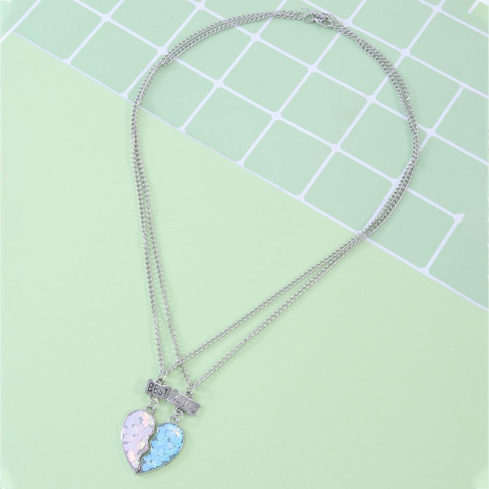 2 Pcs Best Friends Charm Necklace Set Blue And Pink Half Heart Matching Pendant Choker For Girls Friendship Memorial BFF Gift