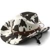 Western Cowboy Hat, Moderate Wide Brim Suede Fabric Black White Cow Print Hat with Faux Leather Band Metal Rivets, Outdoor Cycling Sun Protection Hat