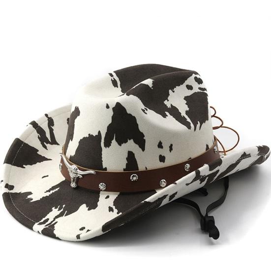 Western Cowboy Hat, Moderate Wide Brim Suede Fabric Black White Cow Print Hat with Faux Leather Band Metal Rivets, Outdoor Cycling Sun Protection Hat