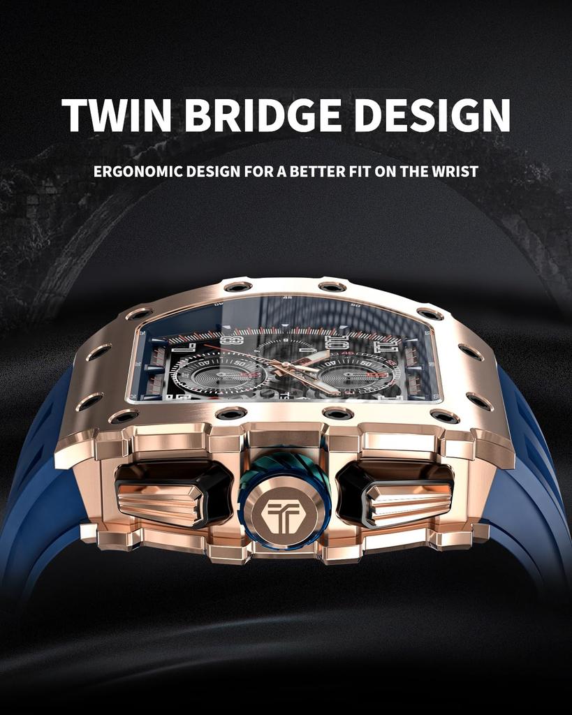 TSAR BOMBA Men's Skeleton Mechanical Automatic Watch Ceramic Japanese Movement Tonneau Silicone Strap 50M Water Resistant Luminous Luxury Business