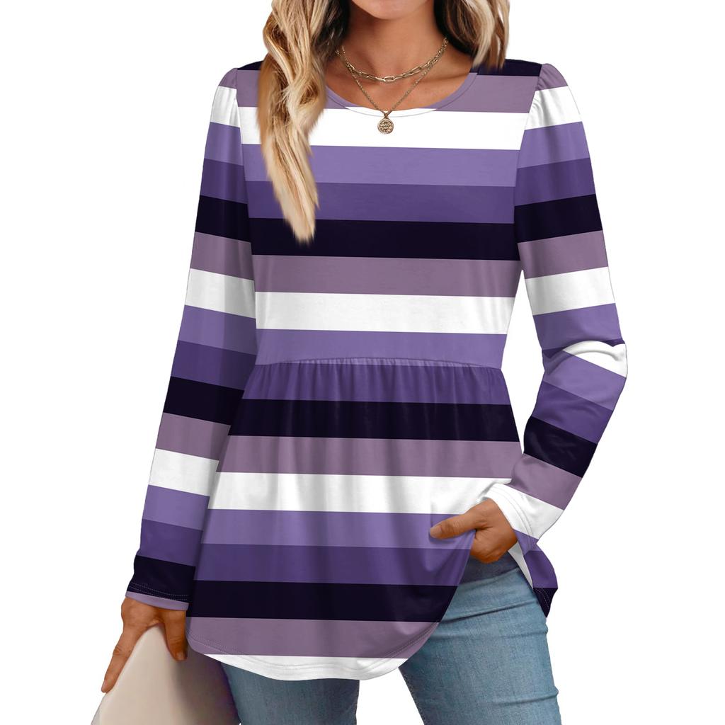 Women's Casual Fashion Long Sleeve Shirt Striped Tunic Top