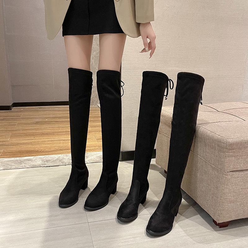 Women's 2025 New Korean Style Over-the-Knee Round Toe Chunky Heel Lace-up Boots Fashion