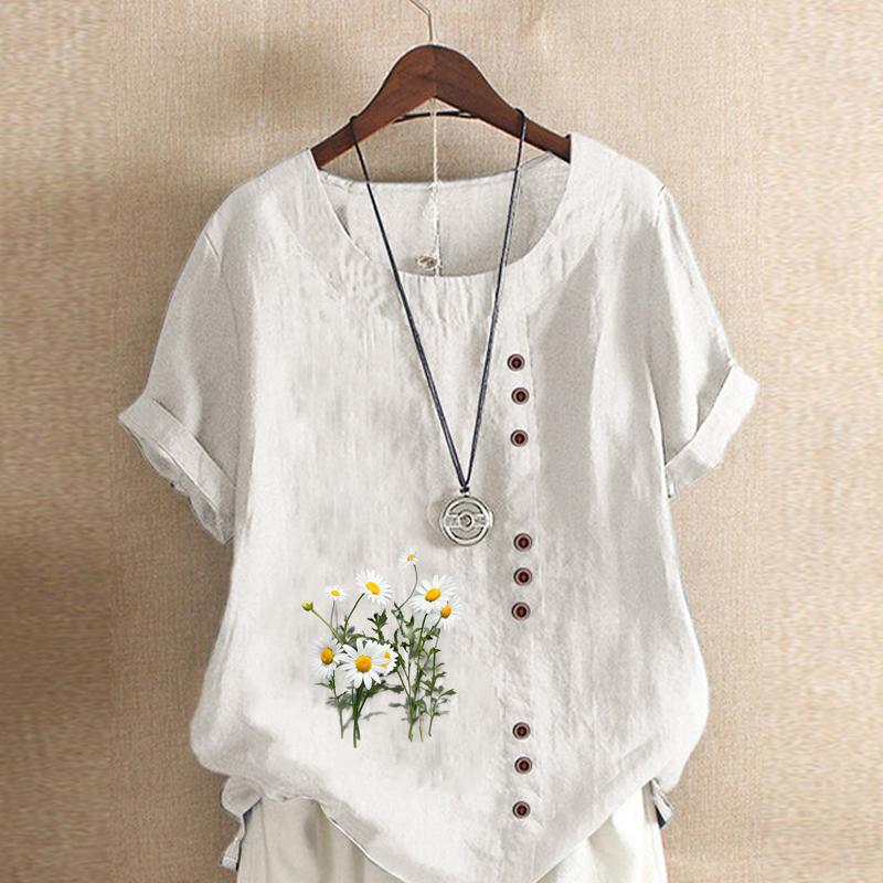 

Женская модная футболка с круглым вырезом и коротким рукавом с принтом хризантемы, повседневная рубашка из хлопка и льна с рисунком, свободная летняя блузка для отдыха, топы 4XL белый