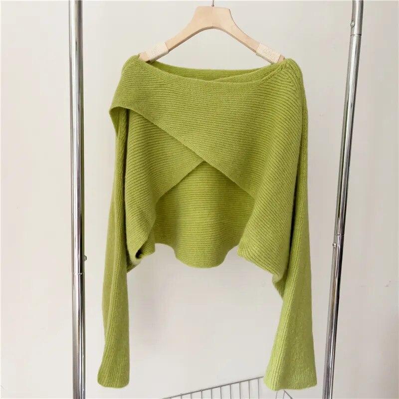 

Осінній нестандартний короткий в’язаний светр. Жіночі модні шалі. Зимові пуловери. Корейські косі вирізи. Вільні повсякденні короткі светри 28896 One Size зелений