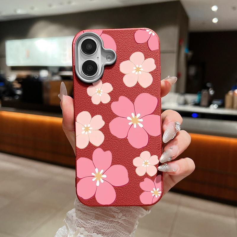 For iPhone 17 Pro Max Case Fresh Style Cherry Blossom Pattern Leather Texture Soft Silicone Cover For iPhone 16 15 14 13 Pro 12 11 16E Air