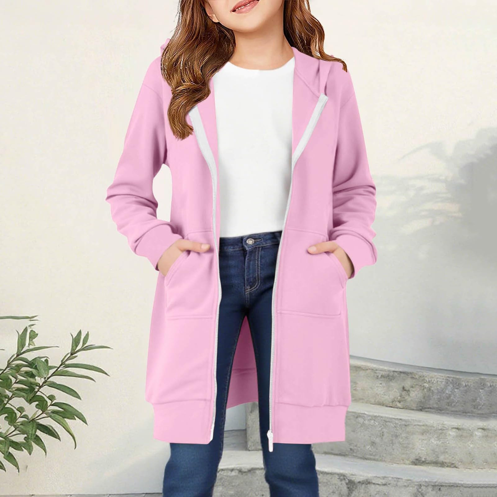 

Модная однотонная толстовка с длинным капюшоном и карманами, спортивная куртка на молнии для девочек 100 розовый