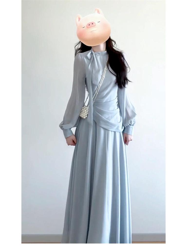 Early Autumn New Chinese Zen Blue Long-Sleeved Dress Set