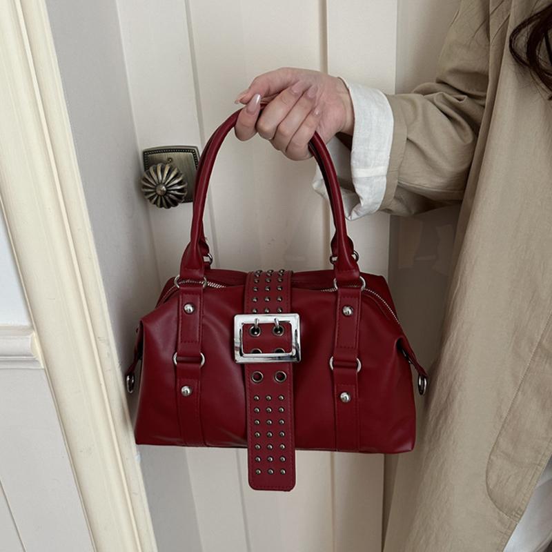 Yogodlns Women Y2K Bowling Handbag Retro Metal Buckle Design Shoulder Bag Vintage Faux Leather Detachable Strap Crossbody Bag for Shopper