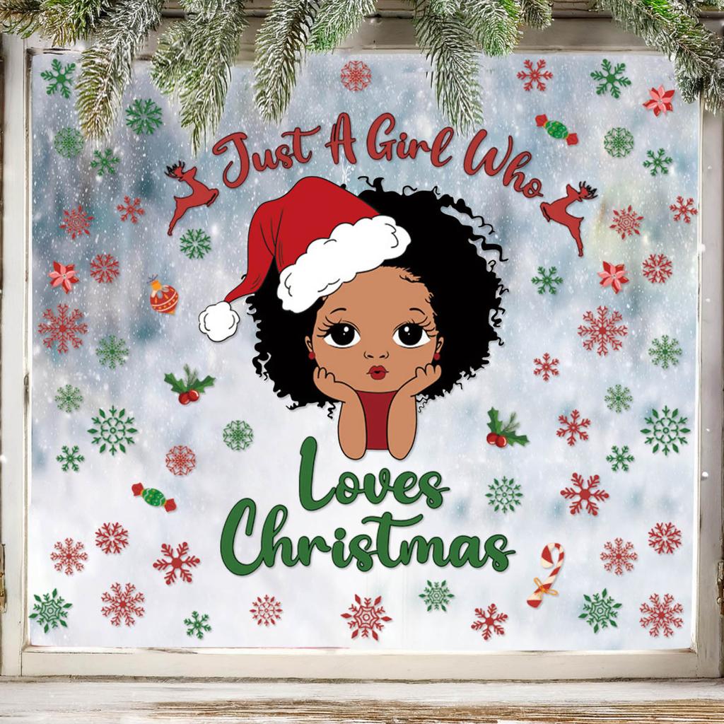 Christmas Window Sticker, Black Girl, Children's Room Wall Sticker, PVC Self-adhesive Material, Festive Atmosphere, Snowflake Window Sticker