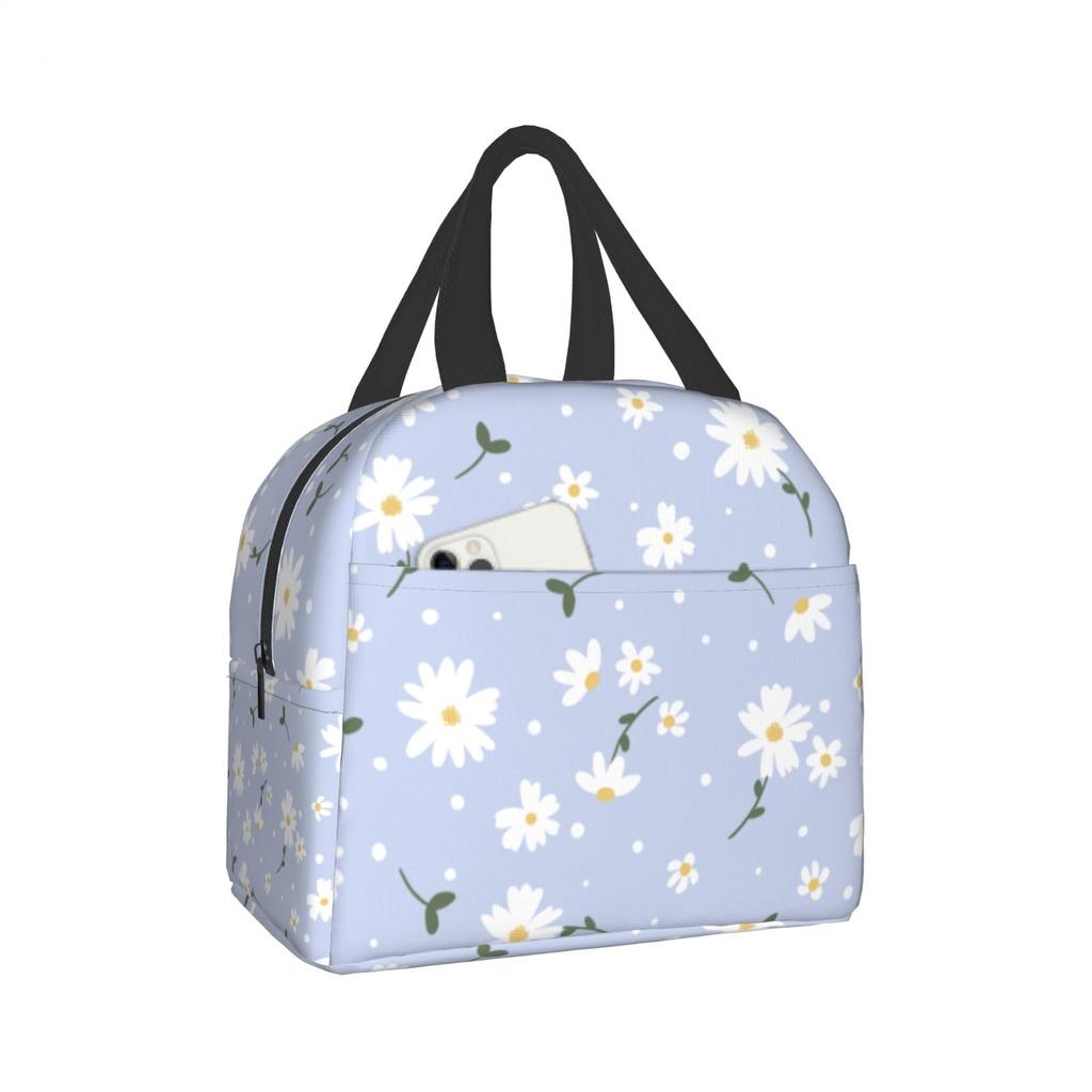 Insulated Lunch Box Daisy Flower Lunch Bag Spring Floral Reusable Bag Flowers Blue Cooler Tote Bags for Kids Teens Adults Girls